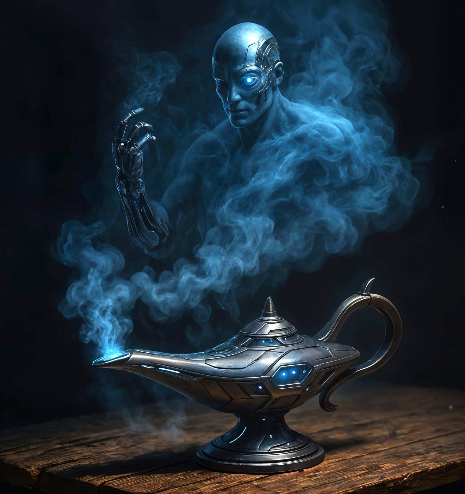 Futuristic Magic Lamp with Biomechanical Genie in Sci-Fi Sce...