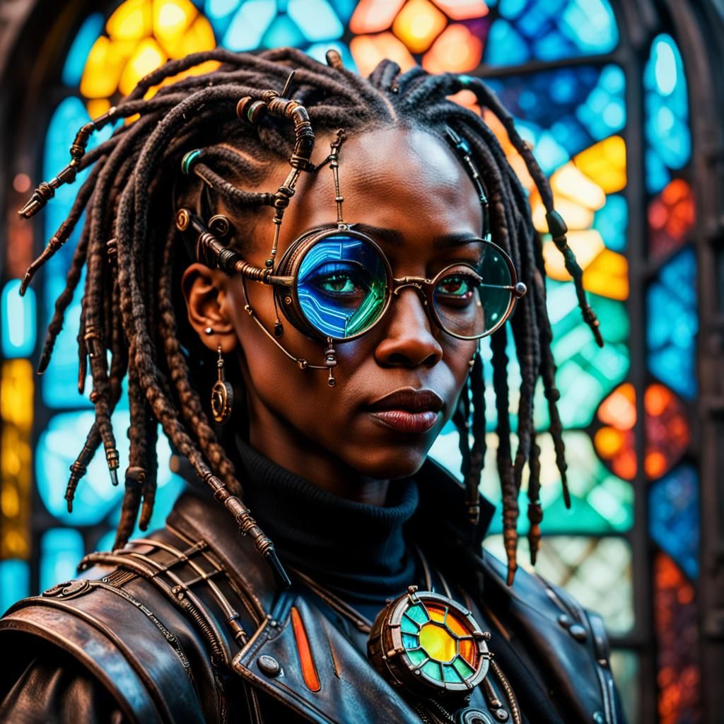 African-American Woman in Cyberpunk Steampunk Setting