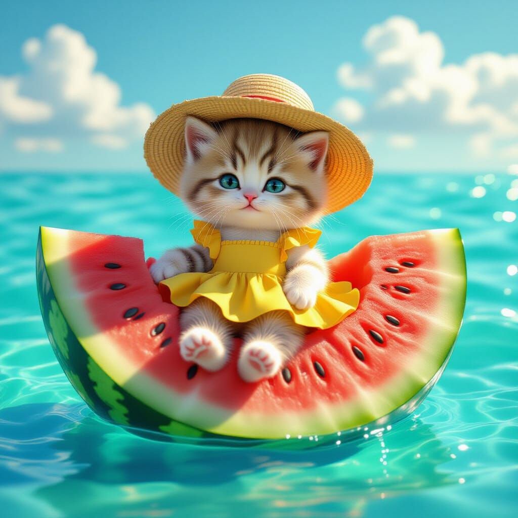 Kitten in Watermelon Slice on Turquoise Sea, CGI Style