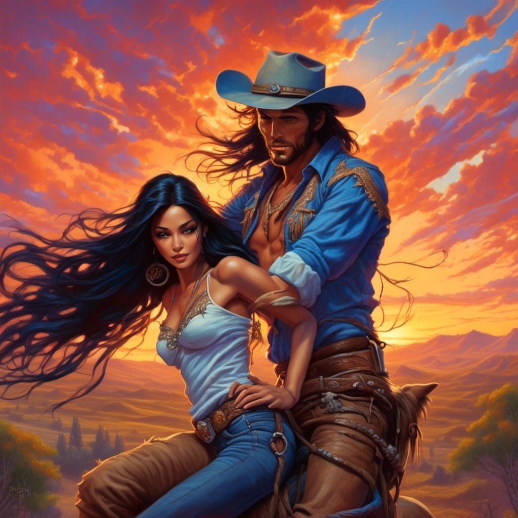 Goddess Cowgirl Lassos Cowboy at Sunset