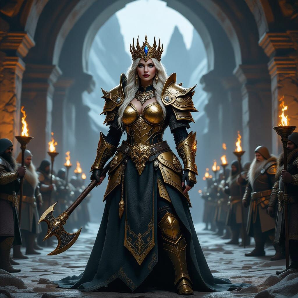 Dwarf Queen in Ancient Mountain Halls with Honor Guard