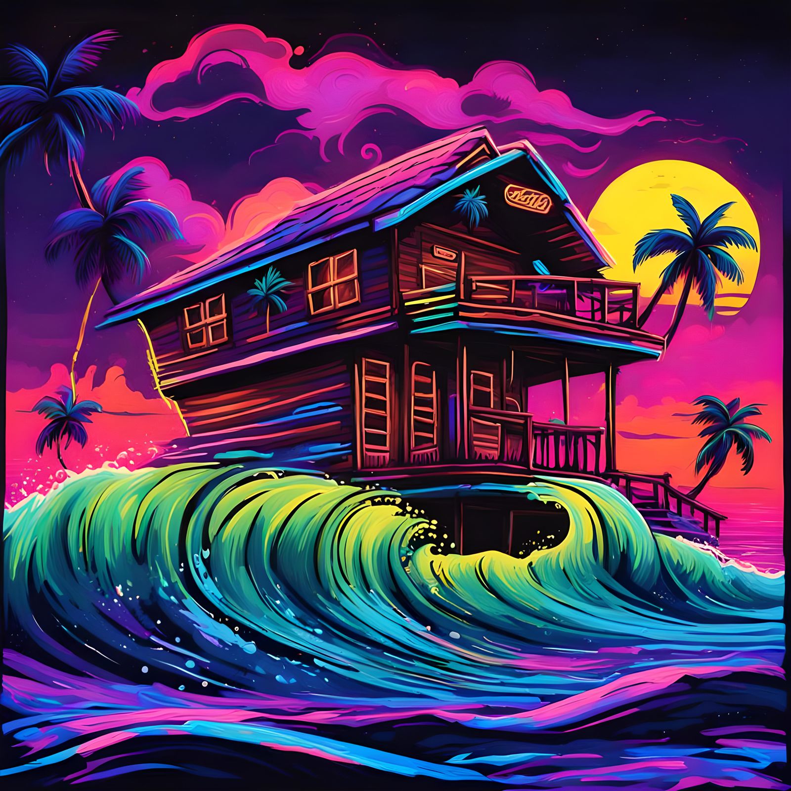 Ocean Wave Neon Sign in Graffiti Art Style