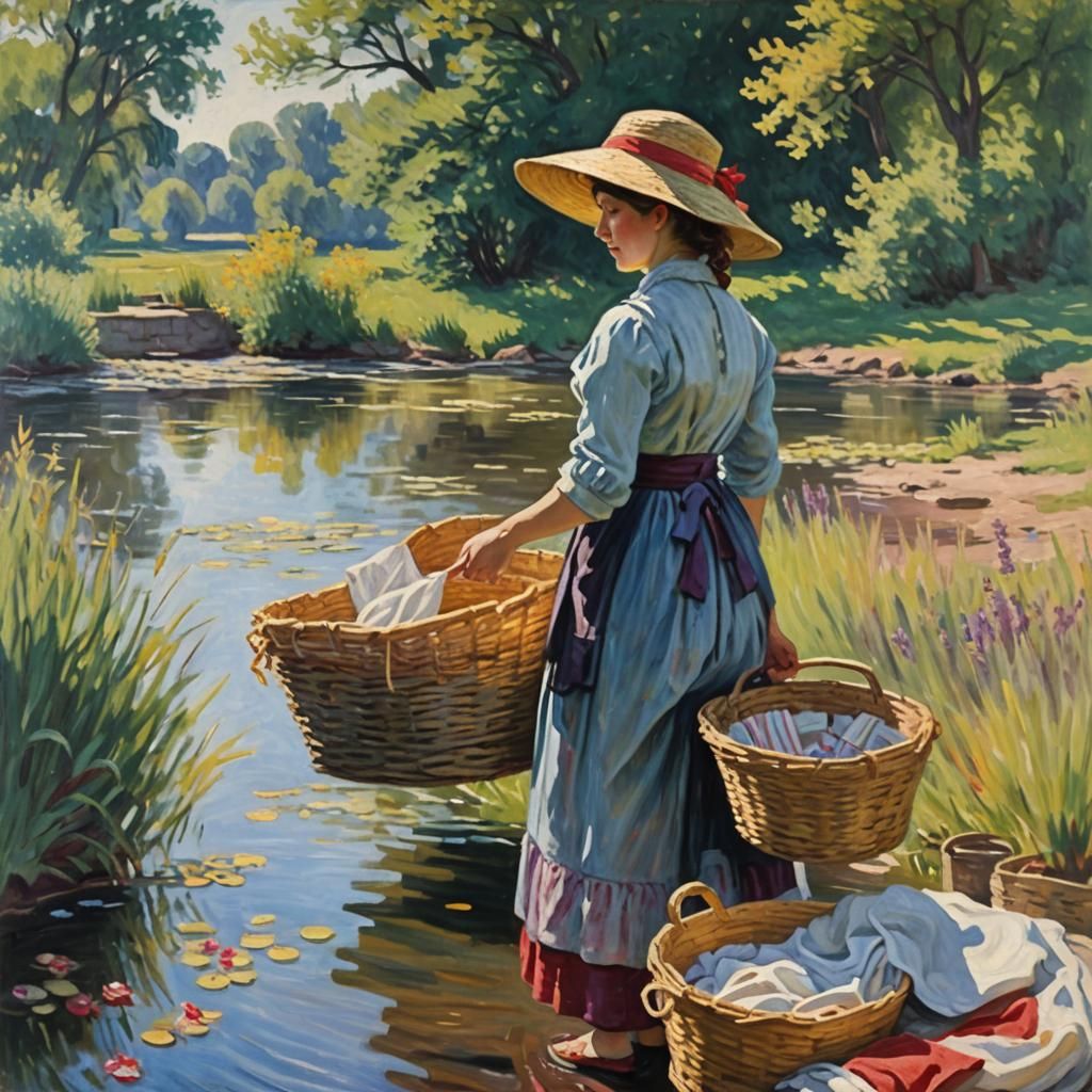 Impressionist Washerwoman at River in Art Nouveau Style