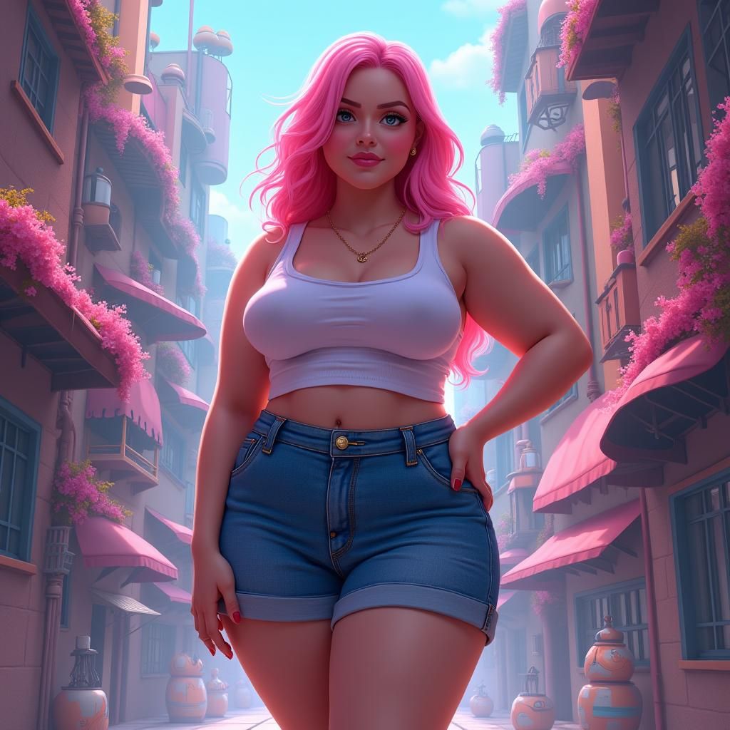 Confident Woman with Pink Hair in Futuristic Cityscape