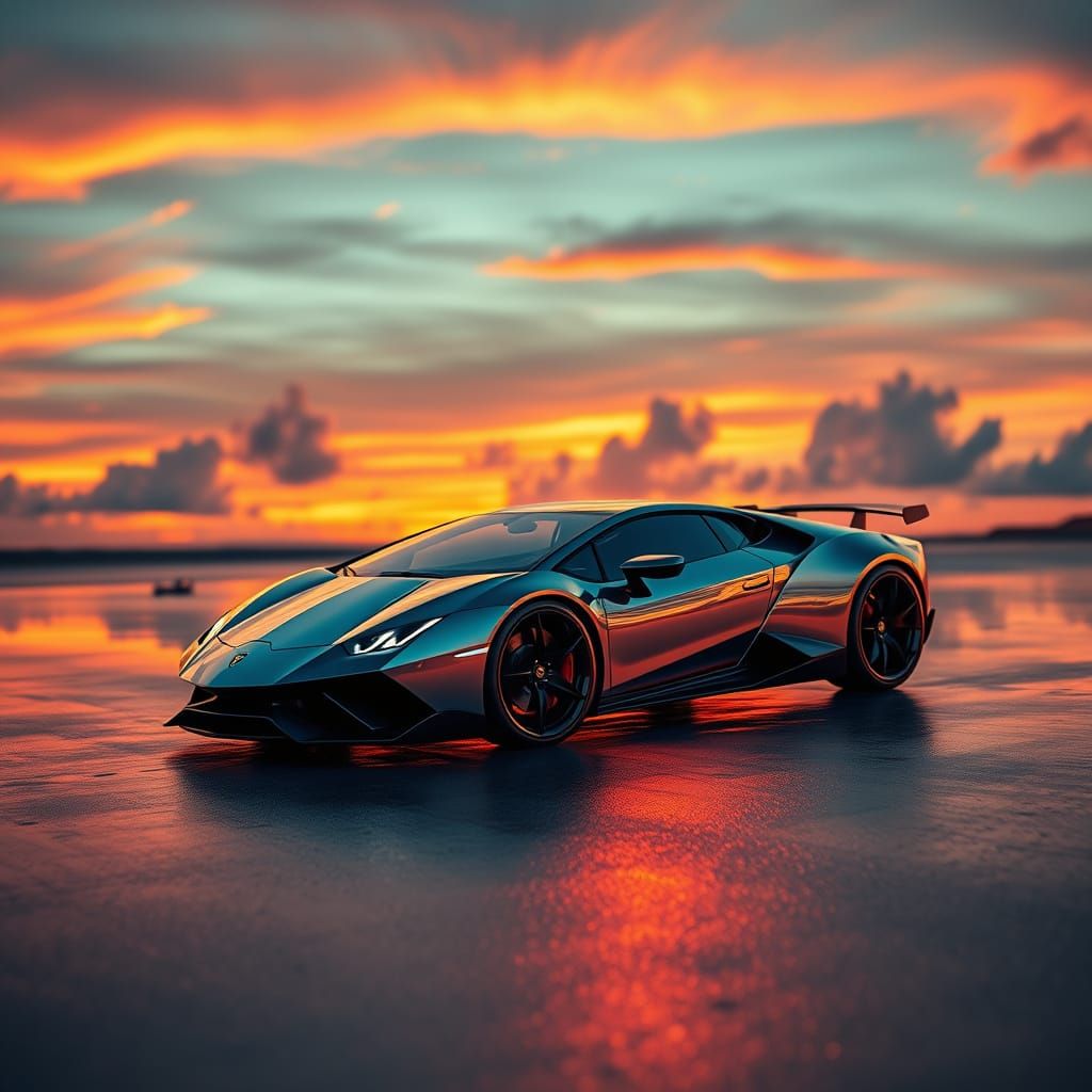 Futuristic Lamborghini in Hyperrealistic Sunset Hover