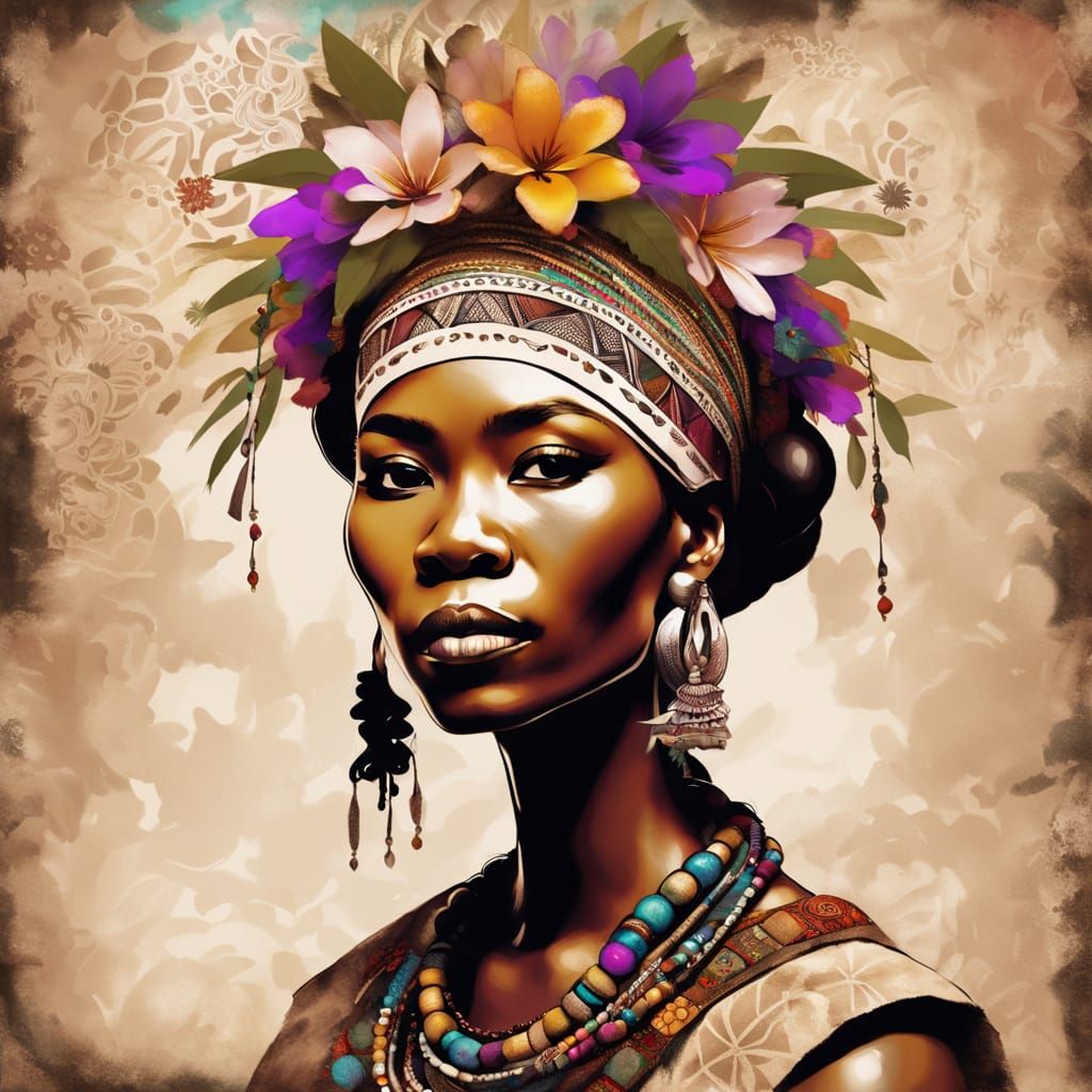 African Woman in Tribal Attire with Floral Crown
