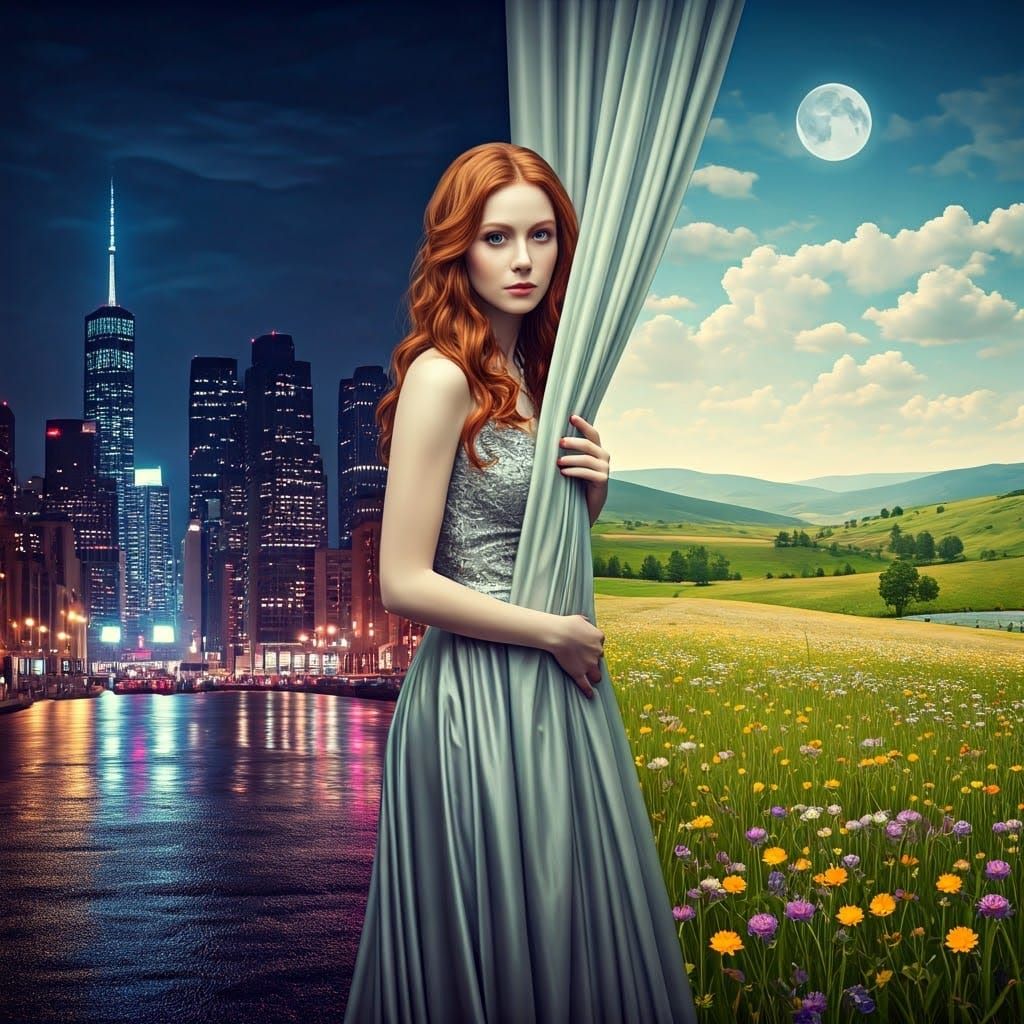 Surreal Woman Between City and Countryside
