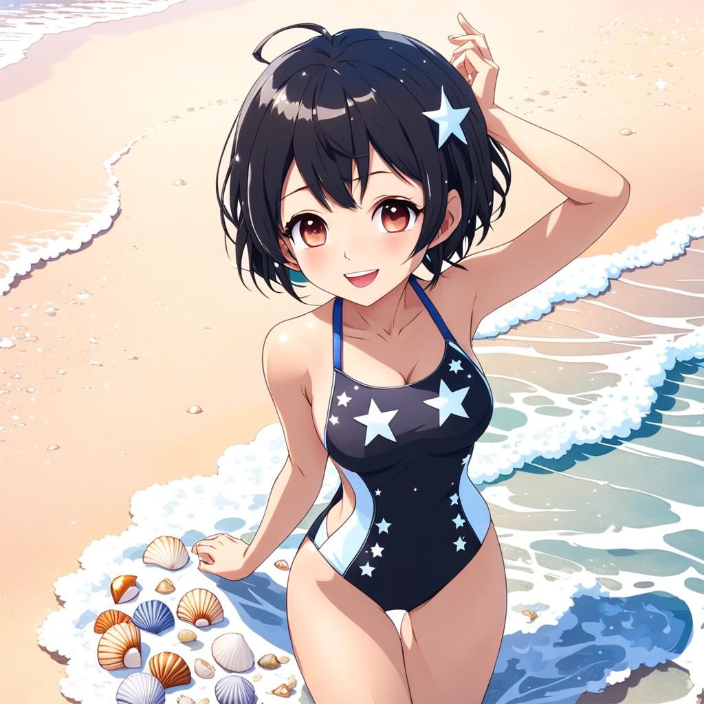 Anime Woman Collects Seashells on Beach