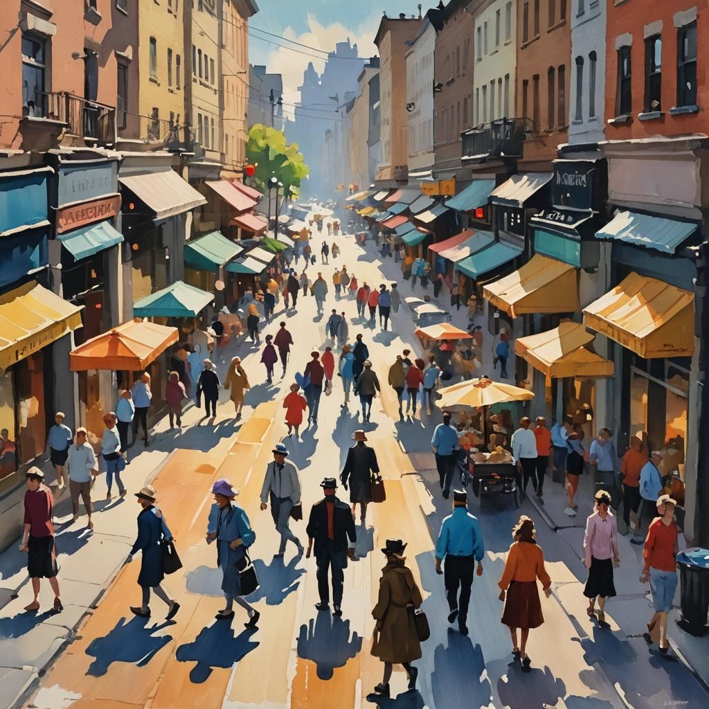 Vibrant Street Scene in Impressionist Gouache Style
