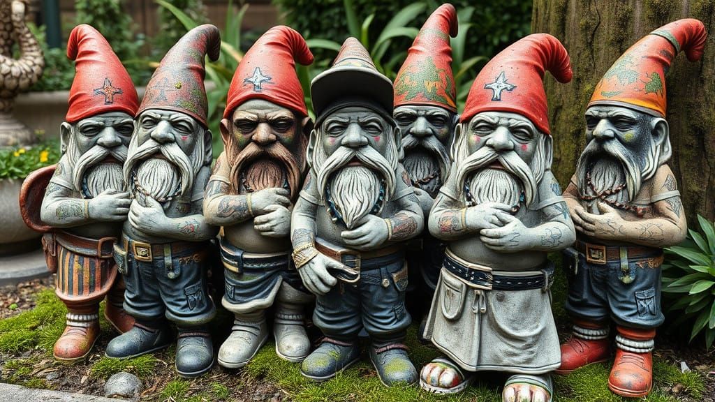 Weathered Concrete Gnomes Pose in Street Hip-Hop Style