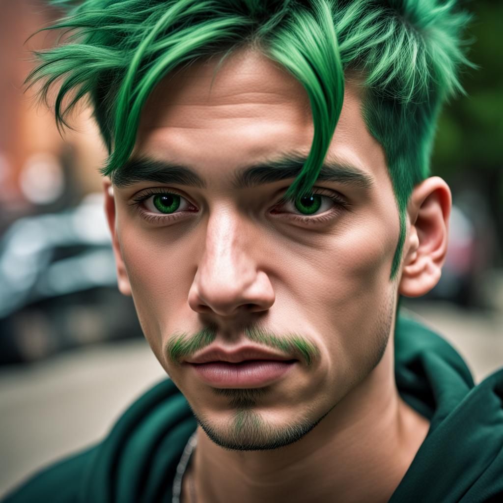 Hyperrealistic Portrait of Green-Haired Young Man