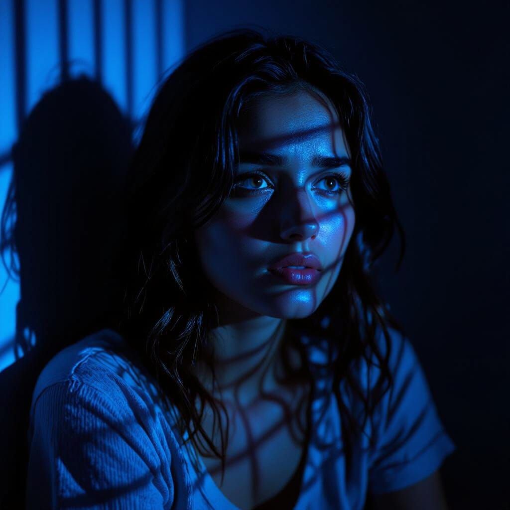 Eerie Blue Light Reveals Sad Woman in Shadows