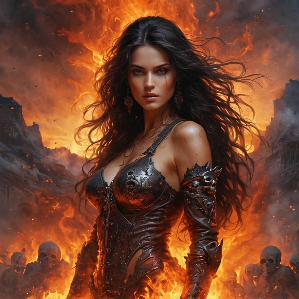 beautiful woman with long dark explosive brunette hair emerg...