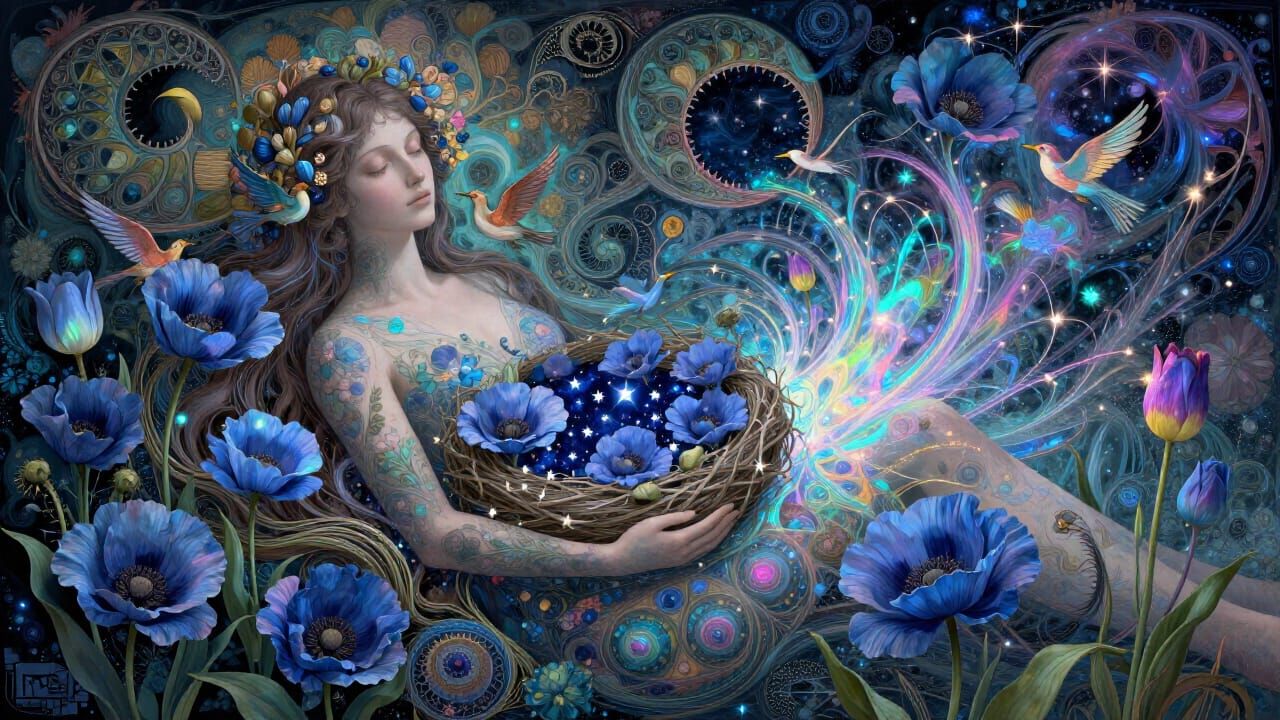 Cosmic Female Form with Nature and Stars