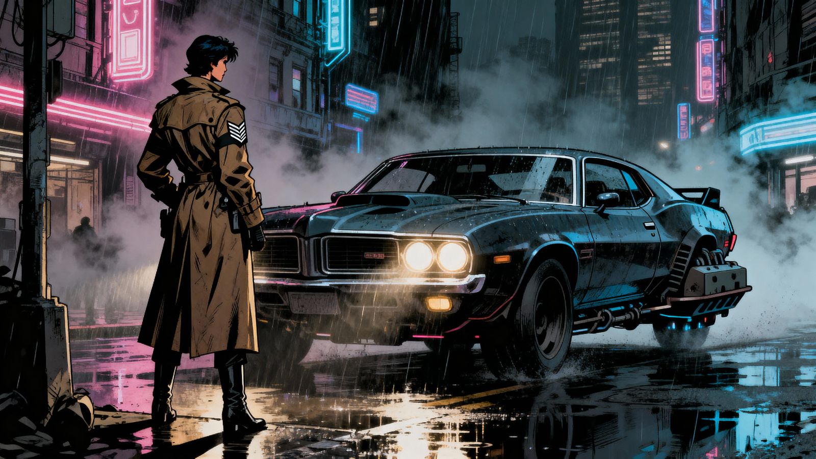 Judge Anderson on Neon Street in Gritty Comic Style