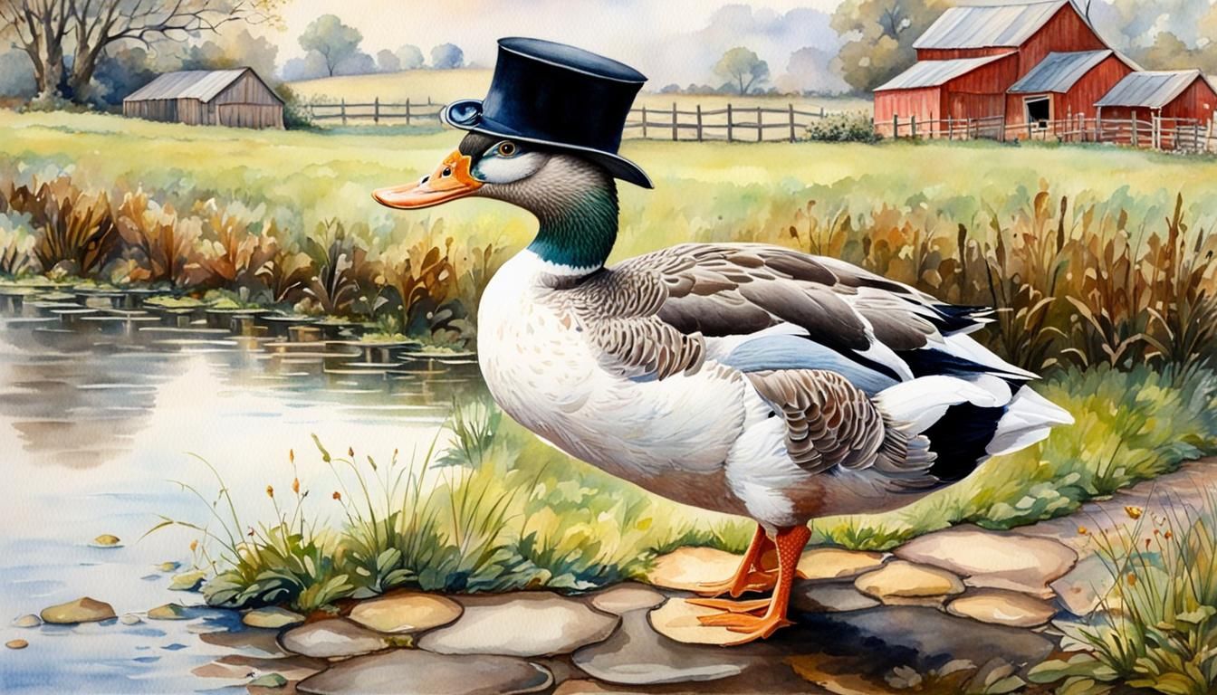 Jemima Puddle-Duck in Farm Scene Watercolour Painting