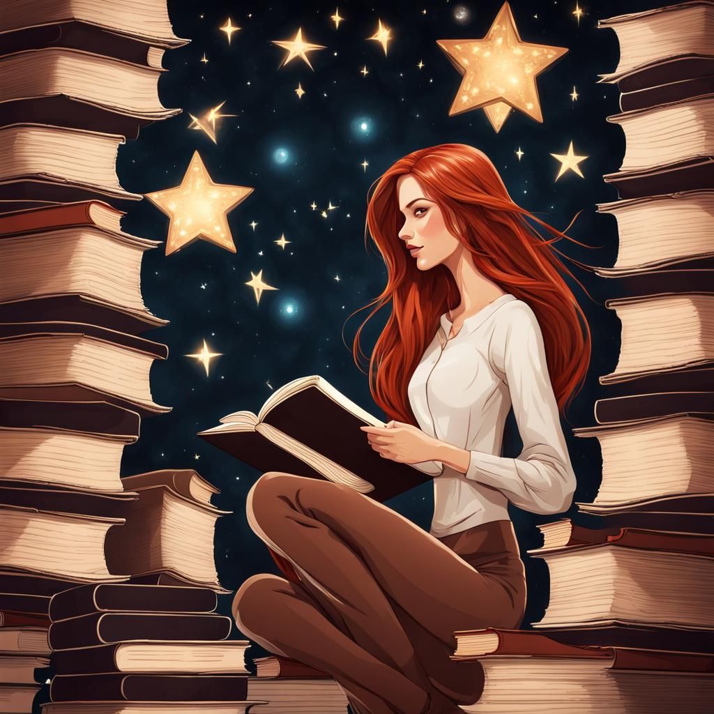 tall woman long auburn hair with millions of books stacked to the stars magic feeling detailed good composition