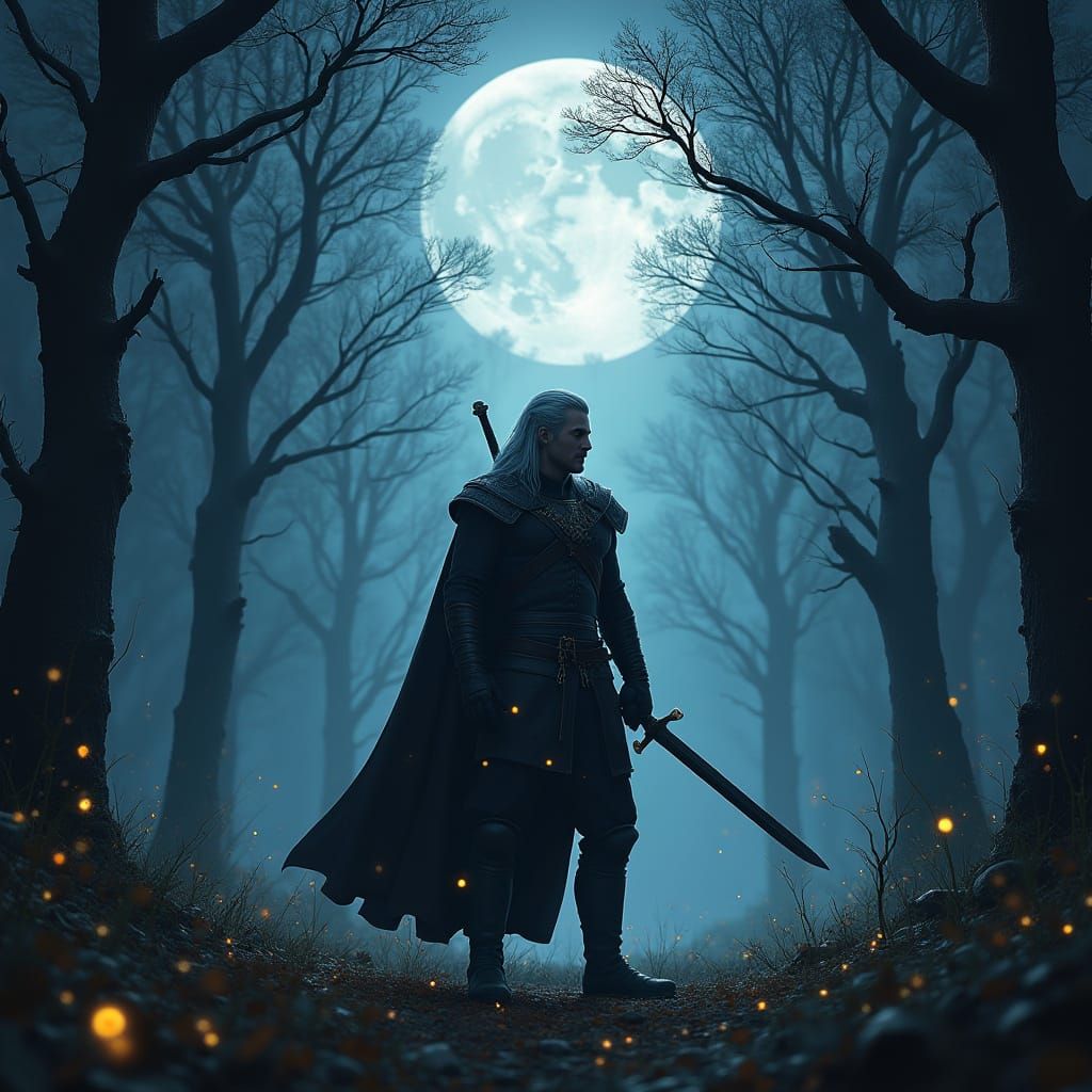 Heroic Geralt of Rivia in Moonlit Fantasy Landscape