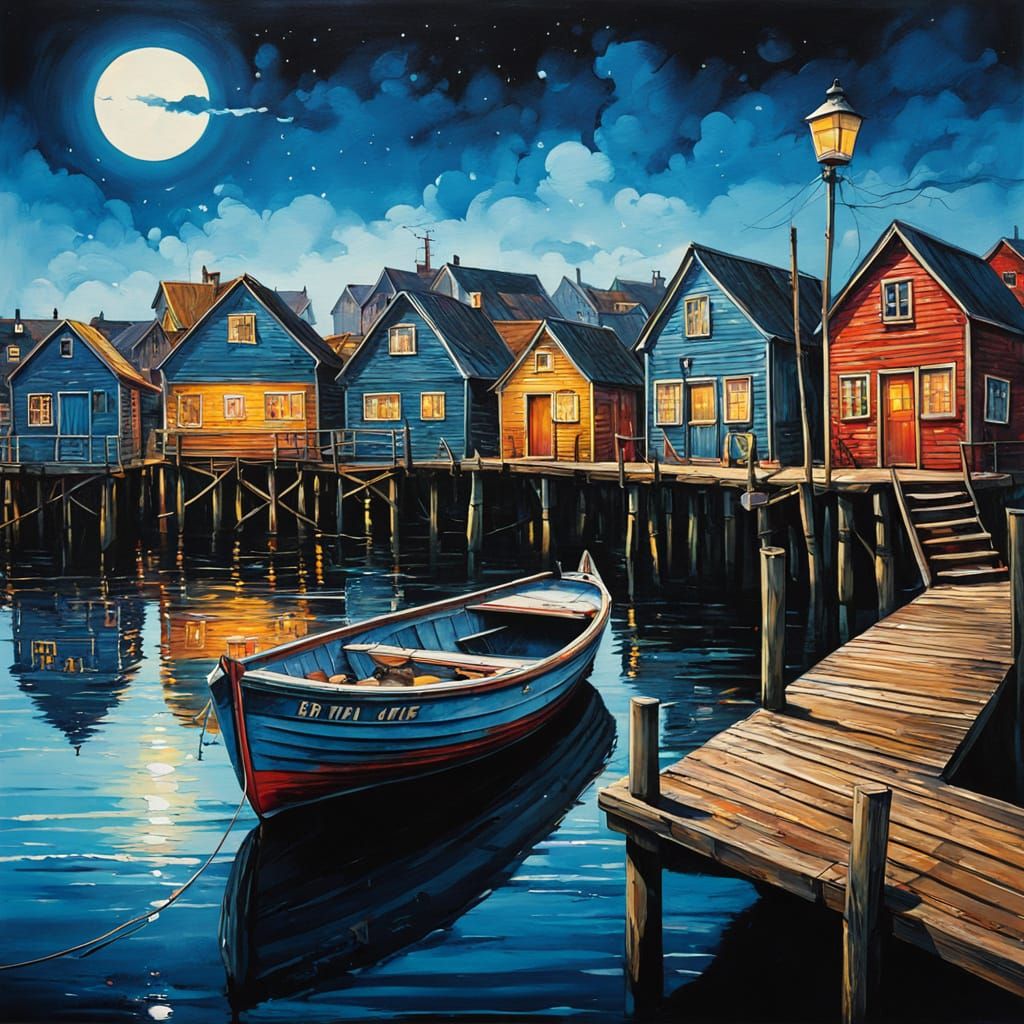 a boat tied to a wooden pier on a body of water, on the pier...