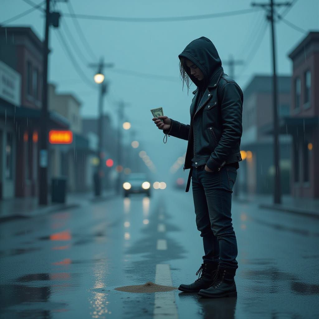 Melancholic Traveler in Rainy Street: Digital Art