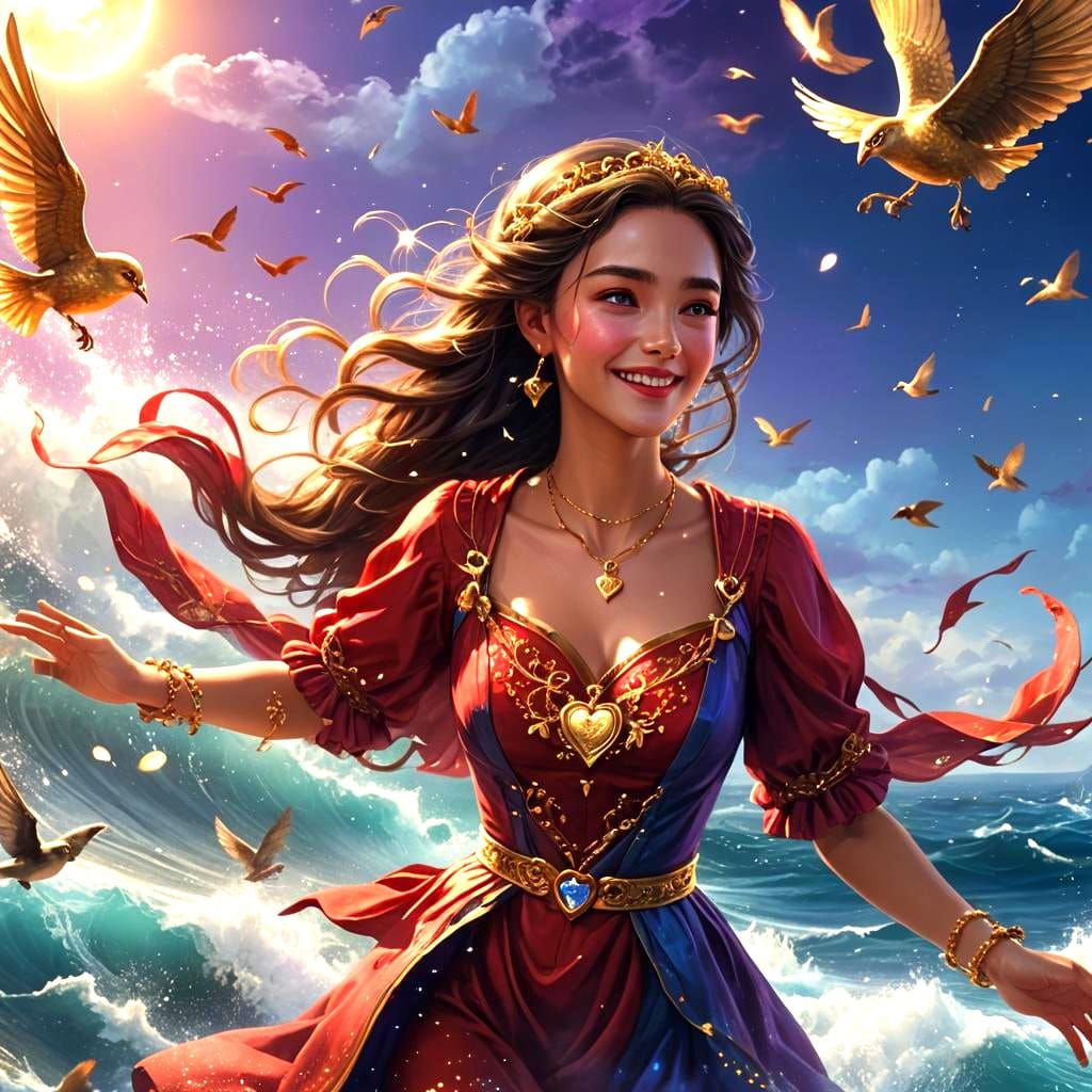 Golden Heart with Birds Over Ocean in Digital Art