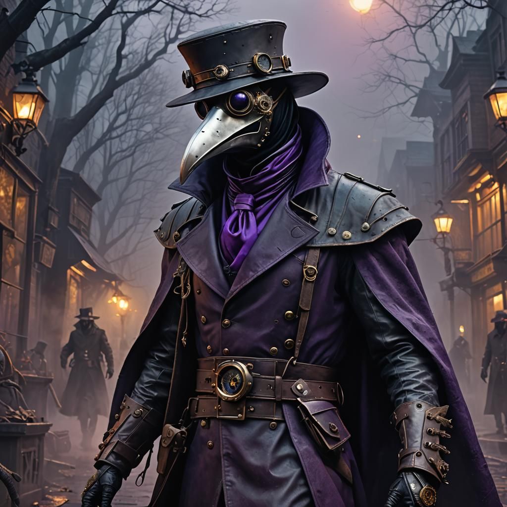 Steampunk Plague Doctor in Foggy Alien Lane