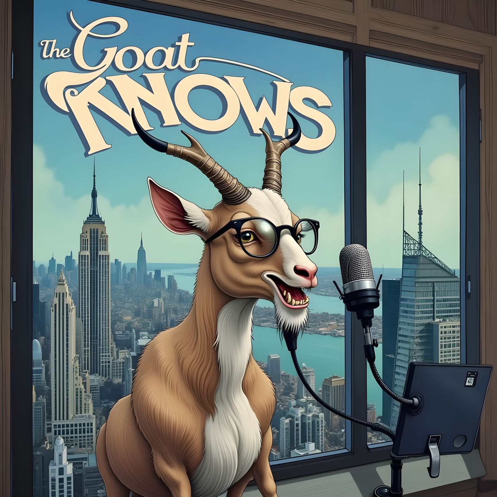 Goat Hosting Epic Sports Podcast from City Skyscraper