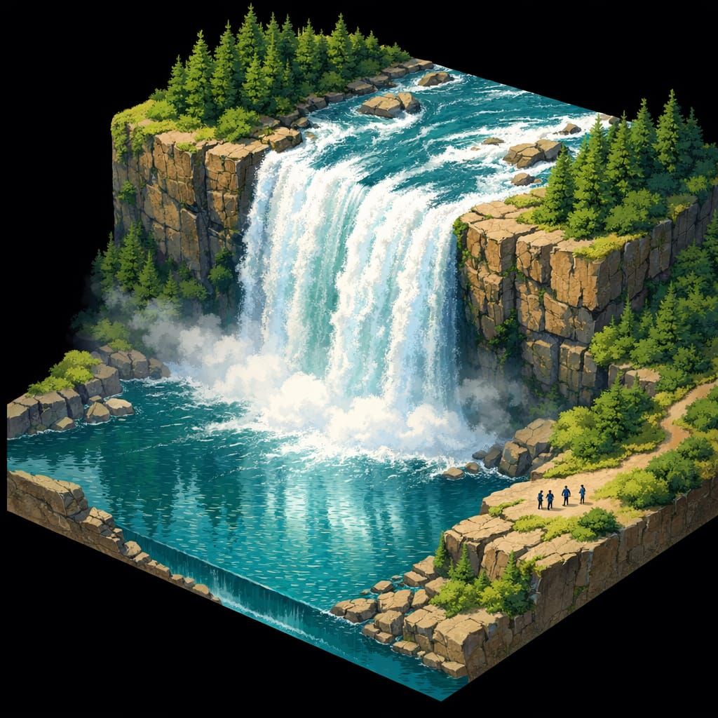 Massive Rushing River Over Forest Cliff in Isometric View