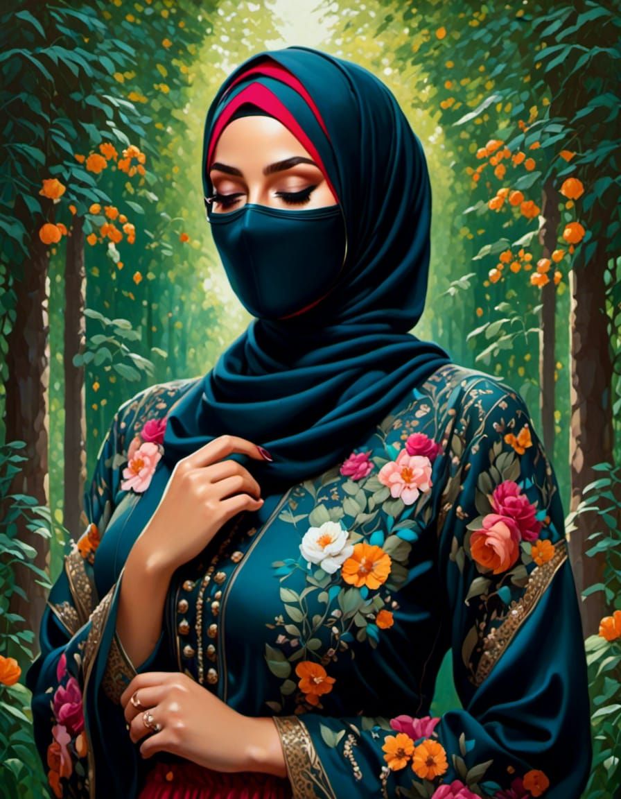 Beautiful Hijabi Woman in Forest with Mask