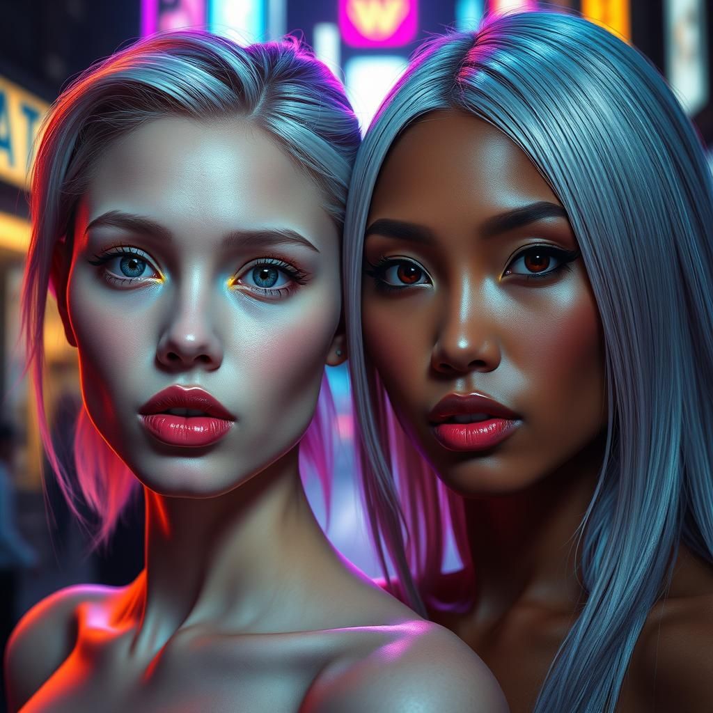 Cyberpunk Women with Contrasting Styles in Neon Cityscape