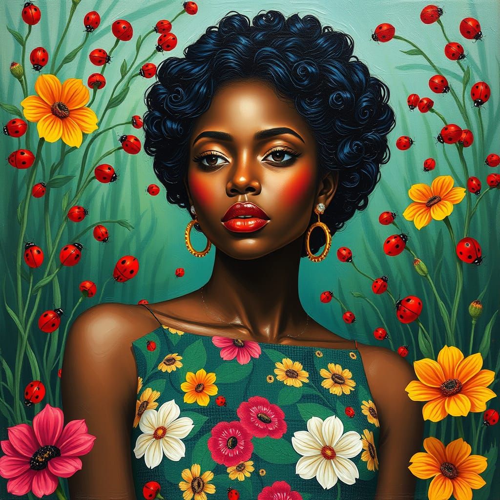 African American Woman with Ladybugs, Bold Figurative Art