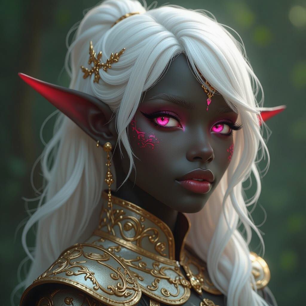 Black Elf with White Hair in Art Nouveau Style