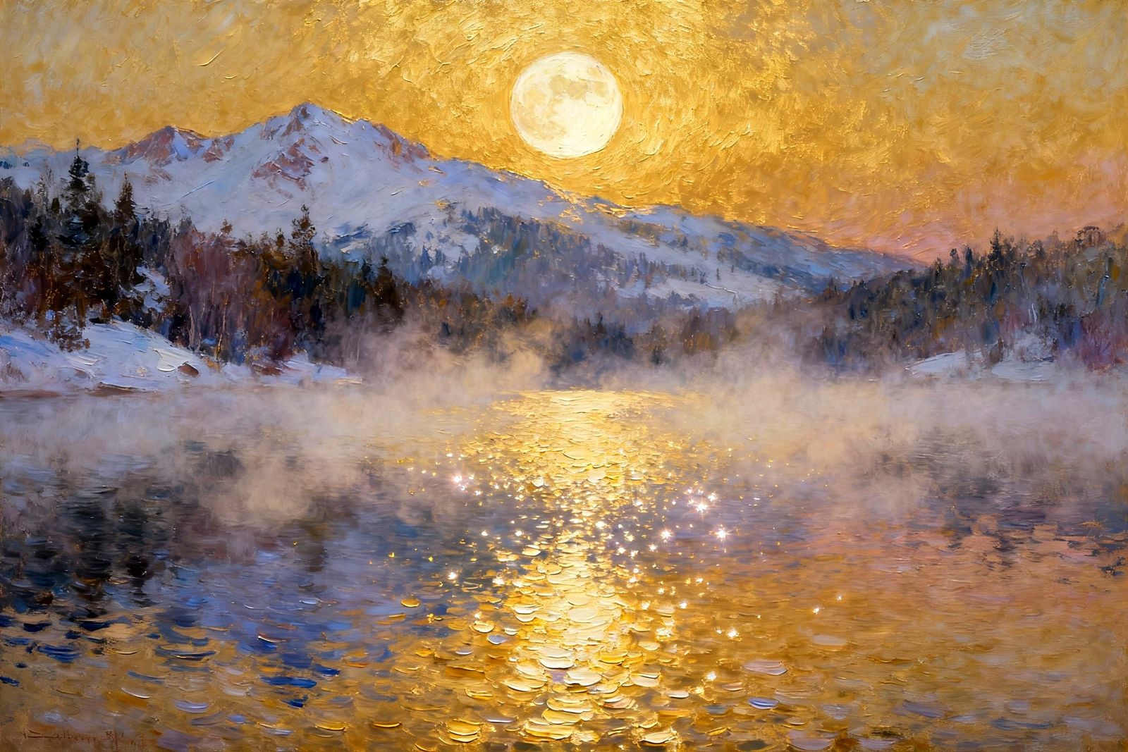 Post-Impressionist Moonlit Lake at Dusk