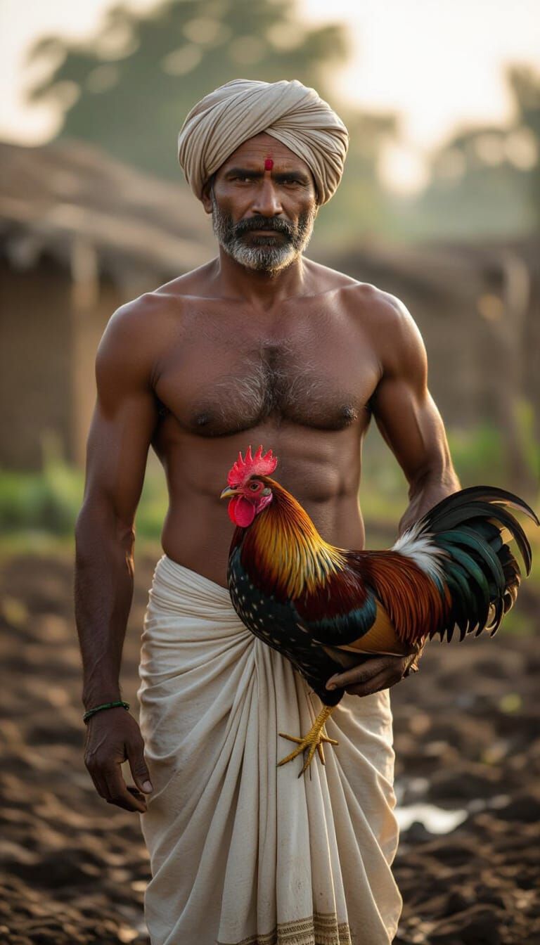 Indian Farmer with Rooster in Muddy Field