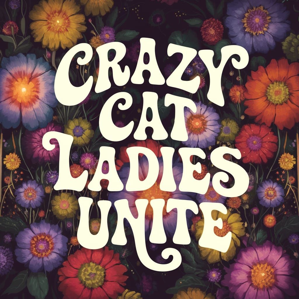 Vibrant Cat Lady Gathering in Enchanted Psychedelic Garden