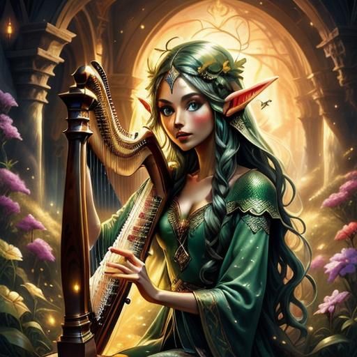 Ethereal Elf Harpist in Alcohol Ink Style