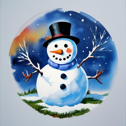 Snowman in Gouache Style Watercolor Painting