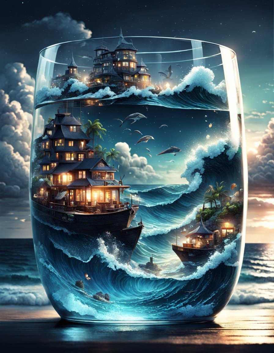 Epic Midnight Ocean in a Glass: A Dramatic Digital Painting