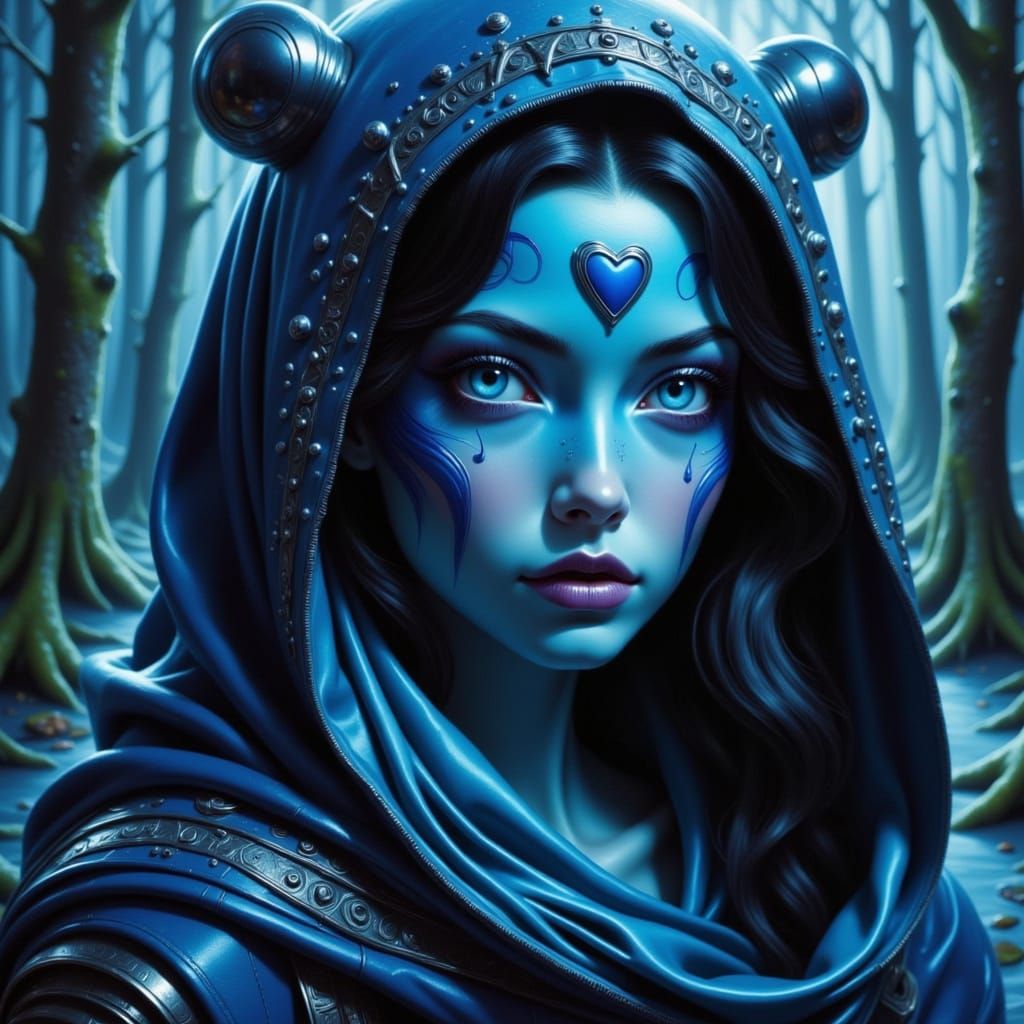 A Gothic Goddess in Deep Blue, Wrapped in Tattered Blankets