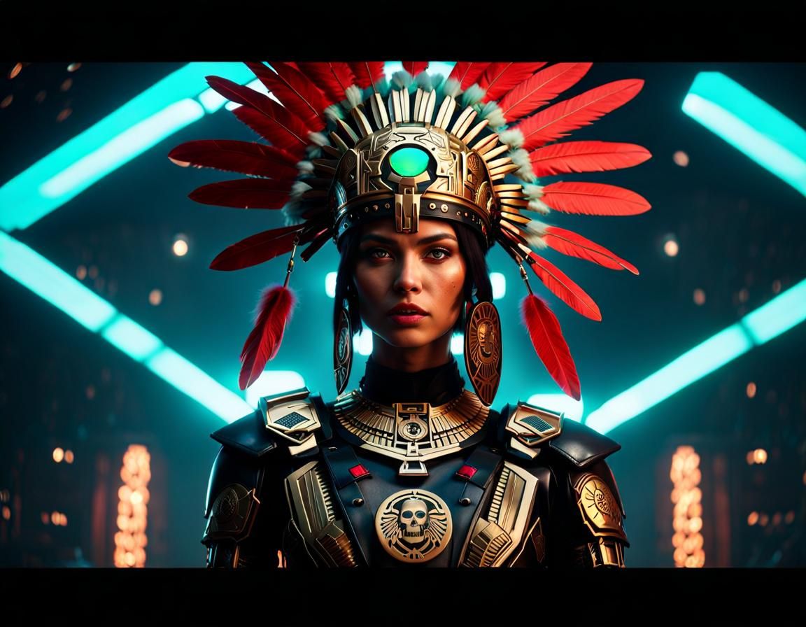 Aztec Warrior Woman in Cyberpunk Armor, 8K Render
