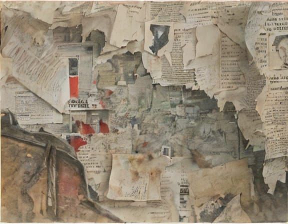 Waterlogged Newspaper Pages with Faded Landscape and Blurred...