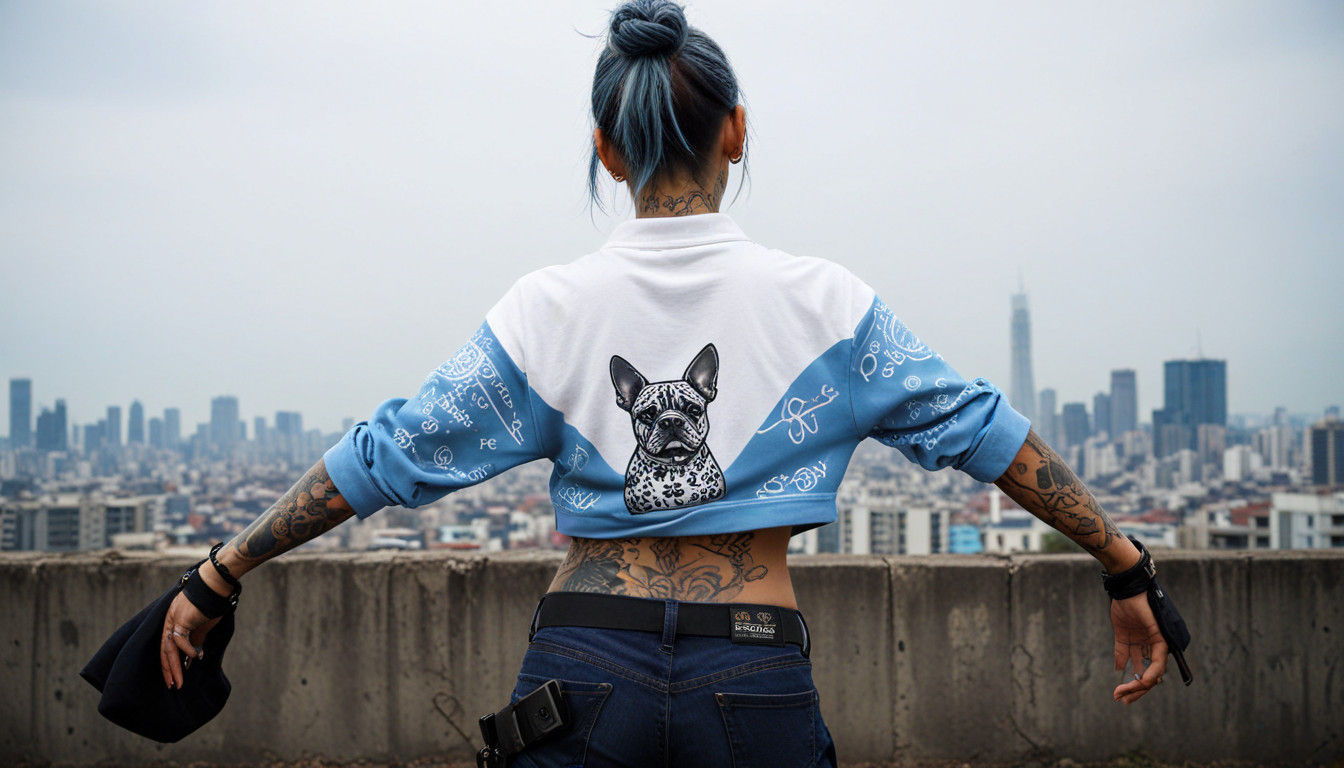 Cyberpunk Goddess with Mohawk and Tattoos in Ruined Cityscap...