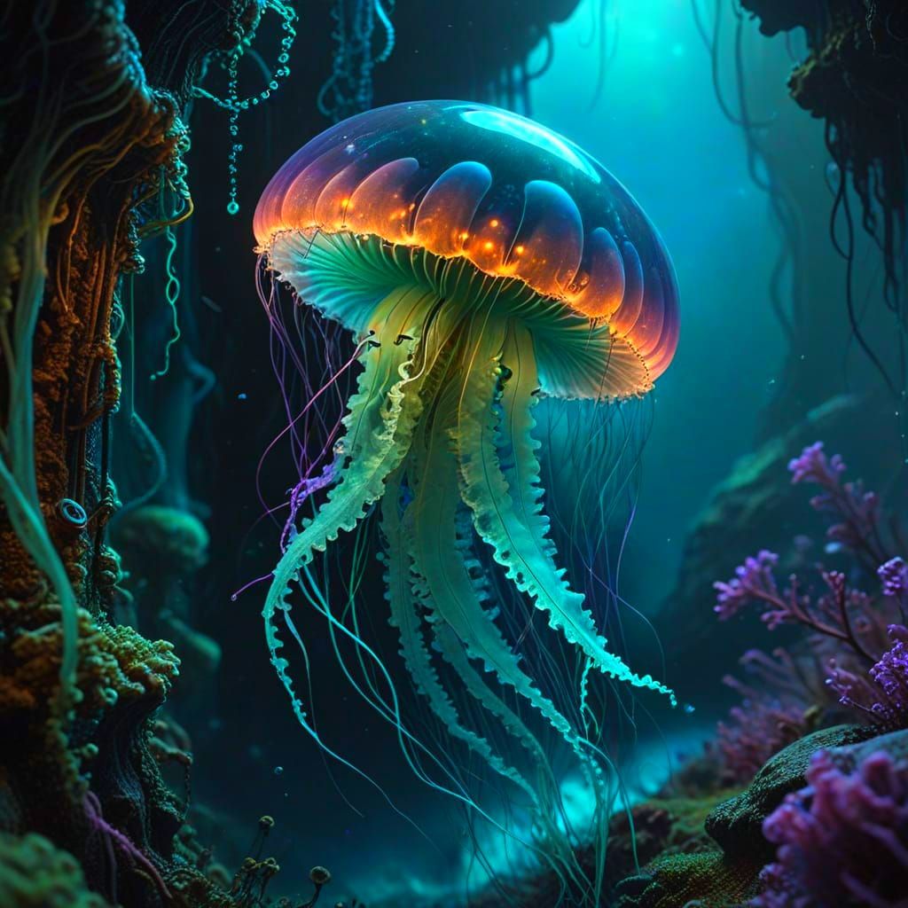 Bioluminescent Jellyfish in Deep-Sea Trench: Surreal Art