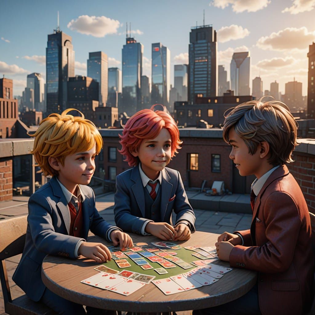 Children Play Cards on Rooftop Skyscraper