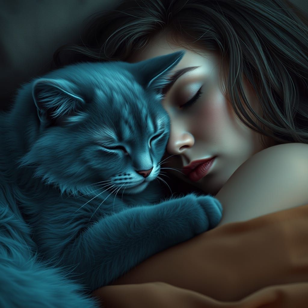 Serene Feline and Female Companion in Harmonious Slumber
