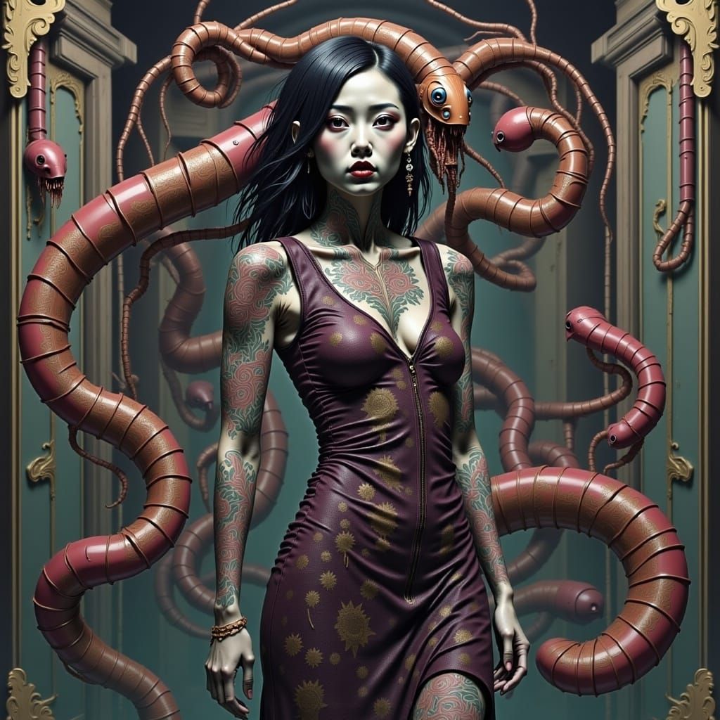 Cybernetic Medusa-Centipede in Edo, Junji Ito Style