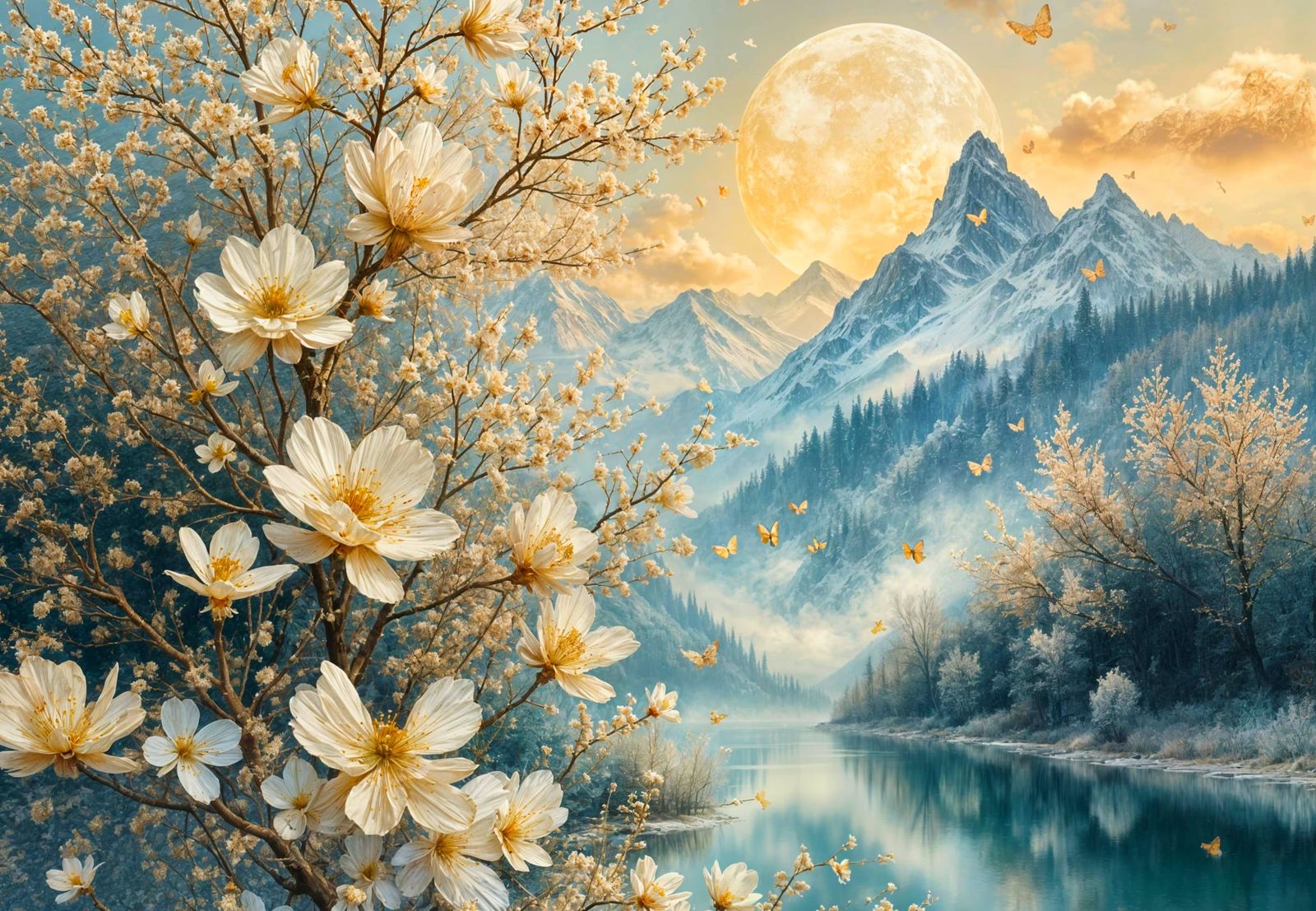 Ethereal Blossom Moonrise Over Snowy Mountains
