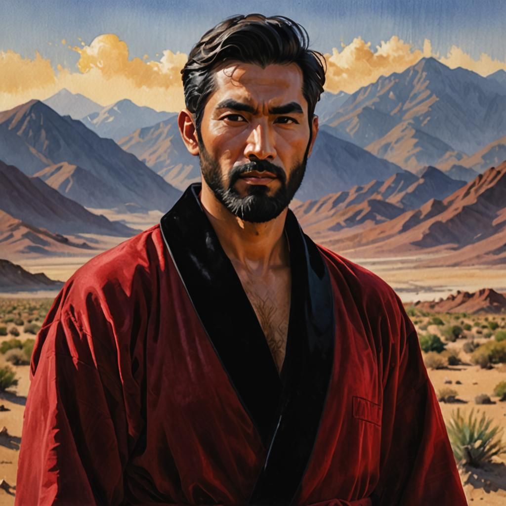 Iranian Man in Red Robe, Gouache Style