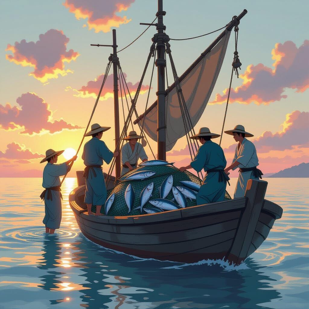 Fishermen Haul Nets at Dawn in Detailed Anime Style