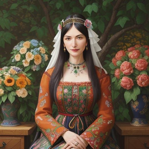 Warm-Smiling Georgian Woman in Vibrant Embroidered Folk Art